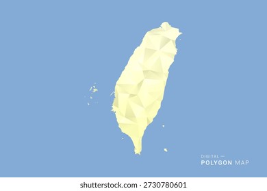 Mapa de Taiwán en estilo de Vector de polígono bajo, ilustración de forma geométrica con tonos amarillos suaves sobre fondo azul, silueta limpia para infografía.