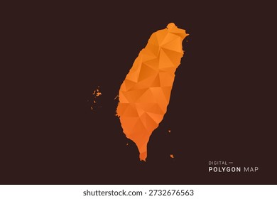 Mapa de Taiwán - bajo Vector de polígono polivinílico, silueta triangulada geométrica en tonos naranja y marrón oscuro, estilo infográfico moderno limpio, fondo aislado.