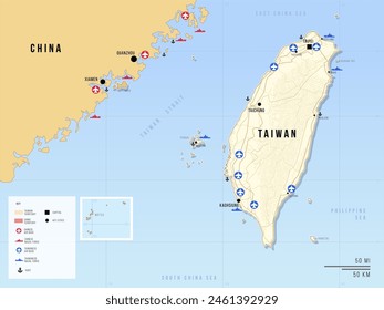 Mapa de Taiwán. Las fuerzas militares en concepto de riesgo Taiwán de guerra con China. Crisis de misiles. Ilustración de mapa de Vector. Concepto de conjunto geopolítico.