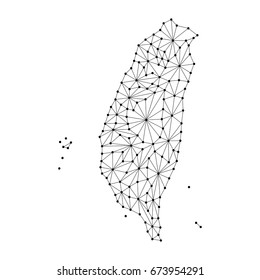 Taiwan map of polygonal mosaic lines network, rays and dots vector illustration.