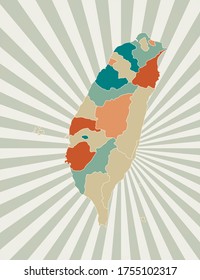 Taiwan map. Poster with map of the country in retro color palette. Shape of Taiwan with sunburst rays background. Vector illustration.