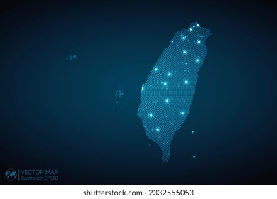 Mapa taiwanés de patrón radial de puntos en estilo futurista, diseño de contorno de círculo azul brillante hecho de estrellas. concepto de comunicación sobre fondo azul oscuro. EPS10 vectores