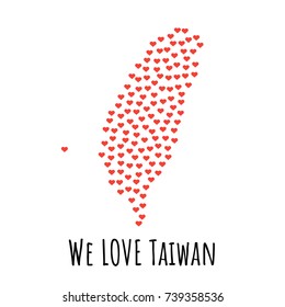 Taiwan Map with red hearts- symbol of love. abstract background with text We Love Taiwan. vector illustration. Print for t-shirt