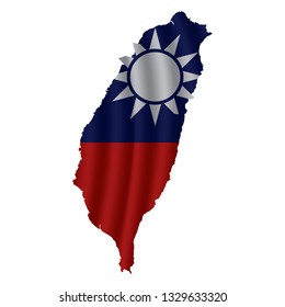 Taiwan map with rippled flag on white illustration. Waving Fabric Flag Map of Taiwan. Map of Asia. Vector White Background. Vector illustration eps10.