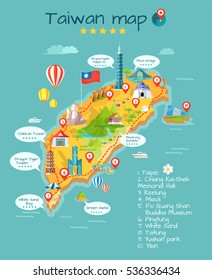 Taiwan map with sightseeing. Taipei. Chiang Kai-shek memorial hall. Keelung. Miaoli. Fo Guang Shan Buddha museum. Pingtung. White sand. Taitung. Yushan park. Yilan. Moon bridge, skyscraper. Vector