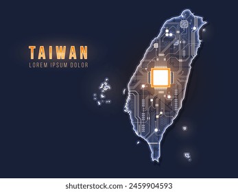 Taiwan map silhouette with micro chip illustration. Vector illustration. Geopolitical concept set.