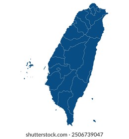 Taiwan map. Map of Taipei in administrative provinces in blue color