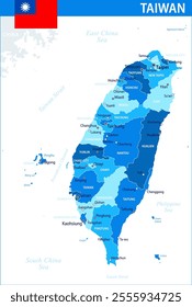 Taiwan Map Vector Blue Spot - Customizable layered political map of Taiwan with administrative divisions for website, education, reports, news, politics, print, poster and wallpaper