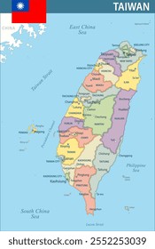 Taiwan Map Vector New 2024 Colorful - Customizable layered political map of Taiwan with administrative divisions for website, education, reports, news, politics, print, poster and wallpaper