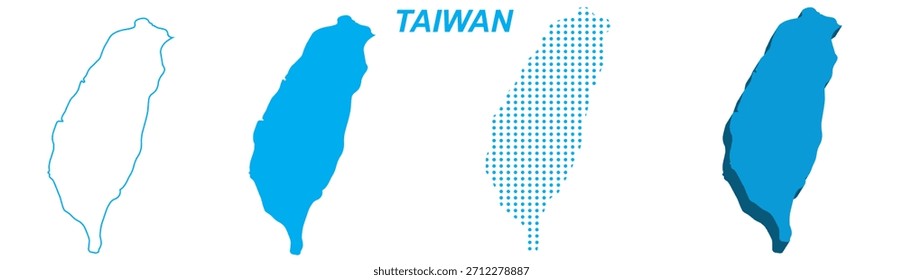 Conjunto de vetor do mapa de Taiwan, Ásia contorno Silhueta pontilhada 3D formas sólidas, Taiwan Country Infographic Template, Editável EPS Taiwan Geografia