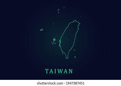 Mapa de Taiwán - Mapa Mundial Plantilla vectorial internacional con un contorno verde delgado o un esquema de dibujo gráfico estilo y color verde aislado en el fondo oscuro - Ilustración vectorial eps 10