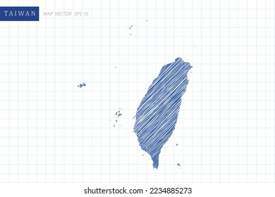 Mapa de Taiwán - Mapa Mundial Plantilla vectorial Internacional con un contorno azul gráfico y dibujo de lápiz estilo aislado en el fondo de la cuadrícula blanca para el diseño, sitio web - Ilustración vectorial eps 10