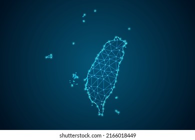 Mapa de Taiwán - Línea de máscaras del Mapa Mundial y escalas puntuales sobre fondo de tecnología azul. Malla 3D del marco de cables línea de red poligonal, esfera de diseño, punto y estructura - Ilustración vectorial eps 10