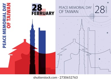 Taiwan Memorial Day poster pack. Vector illustrations with Taipei city skyline and landmarks shape for holiday card, print, event, brochure. Modern template