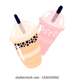 Taiwan Milk Bubble Tea with Tapioca Pearls. Food concept. Doodle cartoon hand drawn illustration, isolated on white background