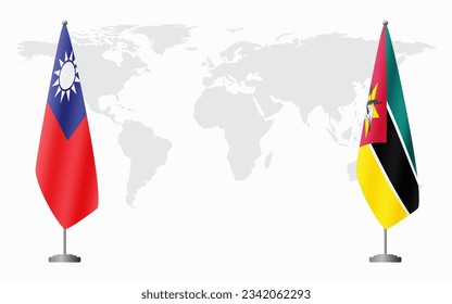 Taiwan and Mozambique flags for official meeting against background of world map.