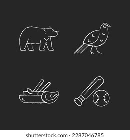 Iconos blancos de tiza taiwanesa sobre fondo oscuro. Oso negro de Formosa. Pájaro faisán Mikado. Cocina tradicional tailandesa. La liga de béisbol. Ilustraciones de pizarra vectorial aislada en negro

