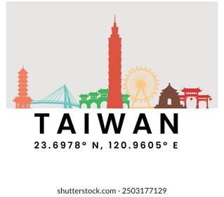 Taiwan National Day Banner with Coordinates - Colorful Skyline of Iconic Landmarks Celebrating Taiwan's Cultural Heritage