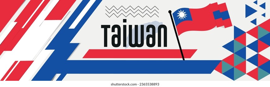 Taiwan national day banner with map, flag colors theme background and geometric abstract retro modern Red blue  design. abstract modern design.