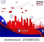 Taiwan National Day banner in modern landscape style. Wide banner greeting card with country flag. Double Tenth Day October 10th as Taiwan national holiday. Happy National Day of the Republic of China