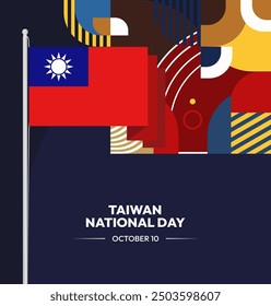 Taiwan National Day banner in modern geometric style. Square greeting card cover with country flag. Double Ten Day October 10th as Taiwan national holiday. Happy National Day of the Republic of China