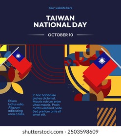 Taiwan National Day banner in modern geometric style. Square greeting card cover with country flag. Double Ten Day October 10th as Taiwan national holiday. Happy National Day of the Republic of China