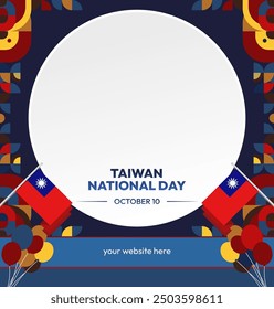 Anuncio del Día Nacional de Taiwán en estilo geométrico moderno. Cubierta cuadrada de la tarjeta de felicitación con la bandera del país. Doble diez días el 10 de octubre como feriado nacional de Taiwán. Feliz Día Nacional de la República de China