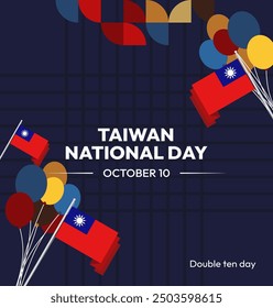 Taiwan National Day banner in modern geometric style. Square greeting card cover with country flag. Double Ten Day October 10th as Taiwan national holiday. Happy National Day of the Republic of China