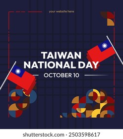 Taiwan National Day banner in modern geometric style. Square greeting card cover with country flag. Double Ten Day October 10th as Taiwan national holiday. Happy National Day of the Republic of China