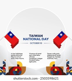 Taiwan National Day banner in modern geometric style. Square greeting card cover with country flag. Double Ten Day October 10th as Taiwan national holiday. Happy National Day of the Republic of China