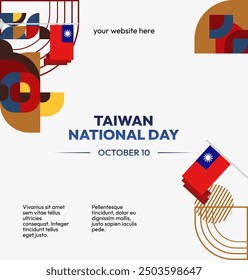 Taiwan National Day banner in modern geometric style. Square greeting card cover with country flag. Double Ten Day October 10th as Taiwan national holiday. Happy National Day of the Republic of China