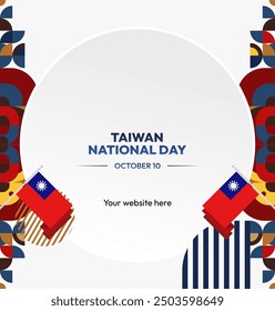 Taiwan National Day banner in modern geometric style. Square greeting card cover with country flag. Double Ten Day October 10th as Taiwan national holiday. Happy National Day of the Republic of China