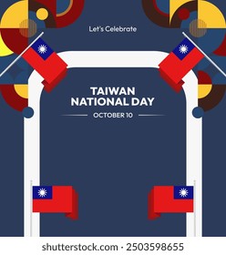 Taiwan National Day banner in modern geometric style. Square greeting card cover with country flag. Double Ten Day October 10th as Taiwan national holiday. Happy National Day of the Republic of China