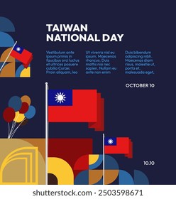 Taiwan National Day banner in modern geometric style. Square greeting card cover with country flag. Double Ten Day October 10th as Taiwan national holiday. Happy National Day of the Republic of China