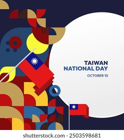 Anuncio del Día Nacional de Taiwán en estilo geométrico moderno. Cubierta cuadrada de la tarjeta de felicitación con la bandera del país. Doble diez días el 10 de octubre como feriado nacional de Taiwán. Feliz Día Nacional de la República de China