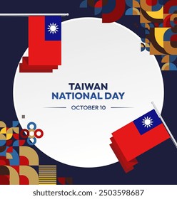 Taiwan National Day banner in modern geometric style. Square greeting card cover with country flag. Double Ten Day October 10th as Taiwan national holiday. Happy National Day of the Republic of China