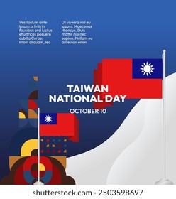 Taiwan National Day banner in modern geometric style. Square greeting card cover with country flag. Double Ten Day October 10th as Taiwan national holiday. Happy National Day of the Republic of China