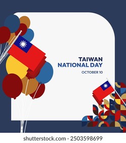 Taiwan National Day banner in modern geometric style. Square greeting card cover with country flag. Double Ten Day October 10th as Taiwan national holiday. Happy National Day of the Republic of China