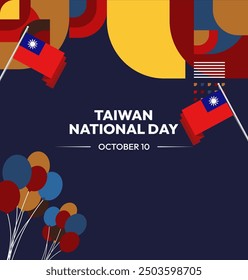 Taiwan National Day banner in modern geometric style. Square greeting card cover with country flag. Double Ten Day October 10th as Taiwan national holiday. Happy National Day of the Republic of China