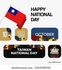 Taiwan National Day banner in modern geometric style. Square greeting card cover with country flag. Double Ten Day October 10th as Taiwan national holiday. Happy National Day of the Republic of China