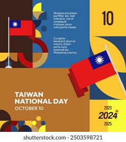 Taiwan National Day banner in modern geometric style. Square greeting card cover with country flag. Double Ten Day October 10th as Taiwan national holiday. Happy National Day of the Republic of China