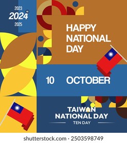 Taiwan National Day banner in modern geometric style. Square greeting card cover with country flag. Double Ten Day October 10th as Taiwan national holiday. Happy National Day of the Republic of China