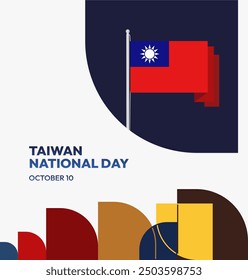 Taiwan National Day banner in modern geometric style. Square greeting card cover with country flag. Double Ten Day October 10th as Taiwan national holiday. Happy National Day of the Republic of China