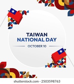 Anuncio del Día Nacional de Taiwán en estilo geométrico moderno. Cubierta cuadrada de la tarjeta de felicitación con la bandera del país. Doble diez días el 10 de octubre como feriado nacional de Taiwán. Feliz Día Nacional de la República de China