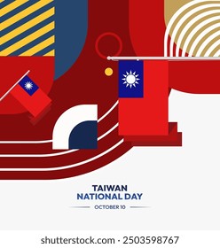 Taiwan National Day banner in modern geometric style. Square greeting card cover with country flag. Double Ten Day October 10th as Taiwan national holiday. Happy National Day of the Republic of China