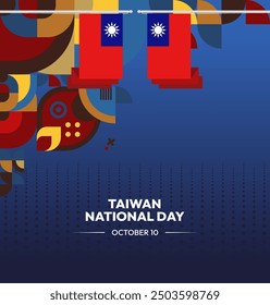 Taiwan National Day banner in modern geometric style. Square greeting card cover with country flag. Double Ten Day October 10th as Taiwan national holiday. Happy National Day of the Republic of China