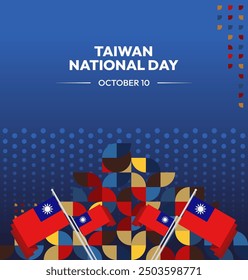 Taiwan National Day banner in modern geometric style. Square greeting card cover with country flag. Double Ten Day October 10th as Taiwan national holiday. Happy National Day of the Republic of China