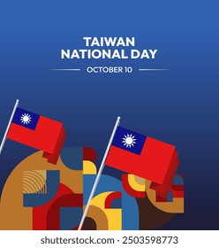 Taiwan National Day banner in modern geometric style. Square greeting card cover with country flag. Double Ten Day October 10th as Taiwan national holiday. Happy National Day of the Republic of China