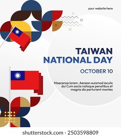 Taiwan National Day banner in modern geometric style. Square greeting card cover with country flag. Double Ten Day October 10th as Taiwan national holiday. Happy National Day of the Republic of China