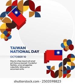 Taiwan National Day banner in modern geometric style. Square greeting card cover with country flag. Double Ten Day October 10th as Taiwan national holiday. Happy National Day of the Republic of China